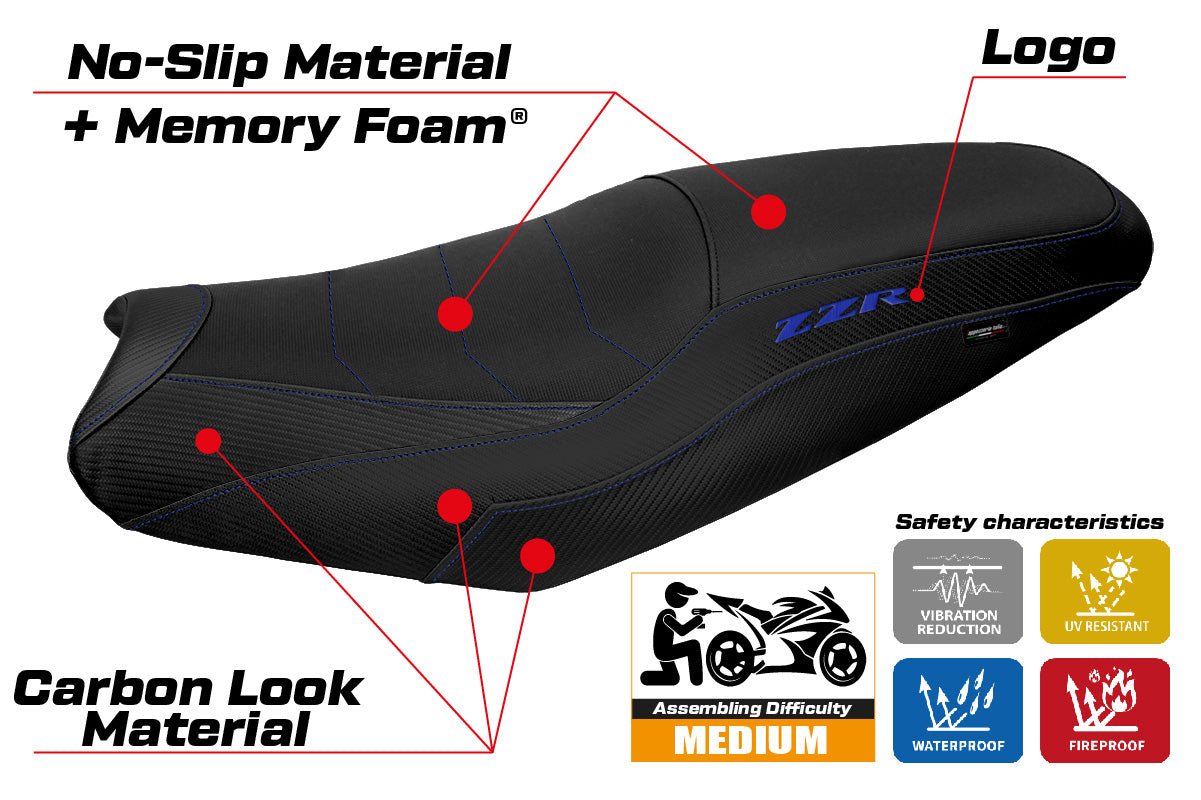 Kawasaki ZX14R ZZR 1400 2006-2023 Seat Cover Tappezzeria Comfort Blue Black
