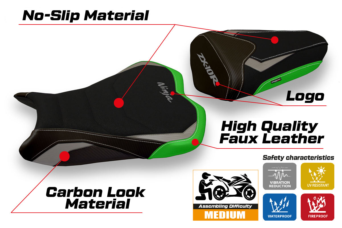 Kawasaki Ninja ZX10R 2008-2010 Seat Cover Tappezzeria Italia Ultragrip in Grey and Green