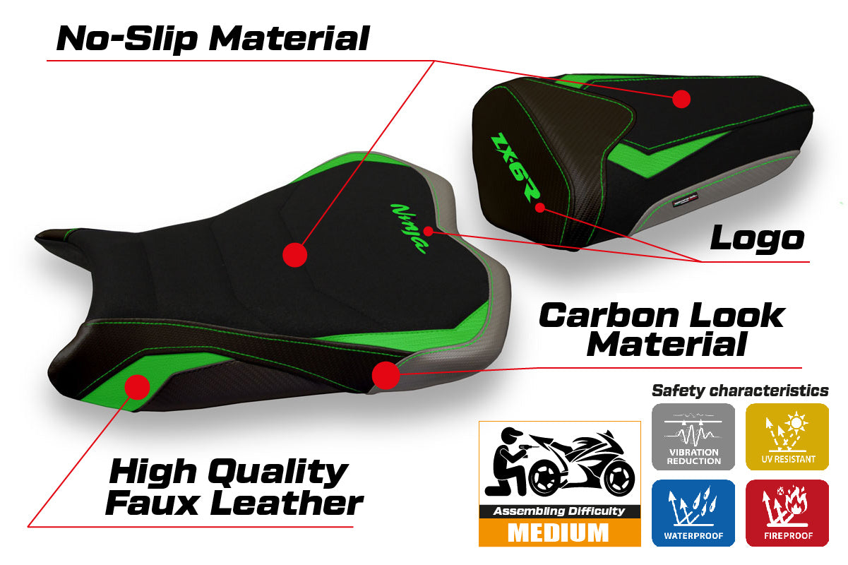 Kawasaki Ninja ZX6R 2009-2012 Seat Cover Tappezzeria Italia Ultragrip in Green and Grey