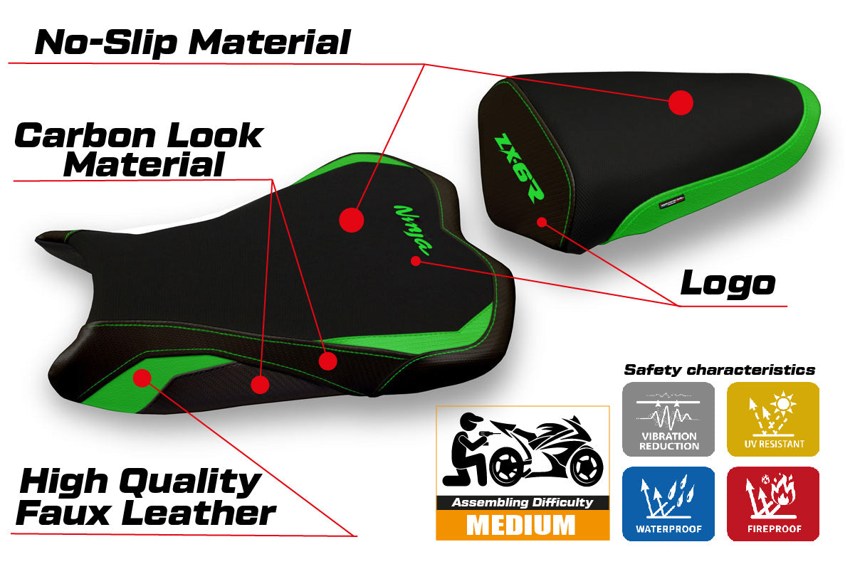 Kawasaki Ninja ZX6R 2013-2018 Seat Cover Tappezzeria Italia Green in Black