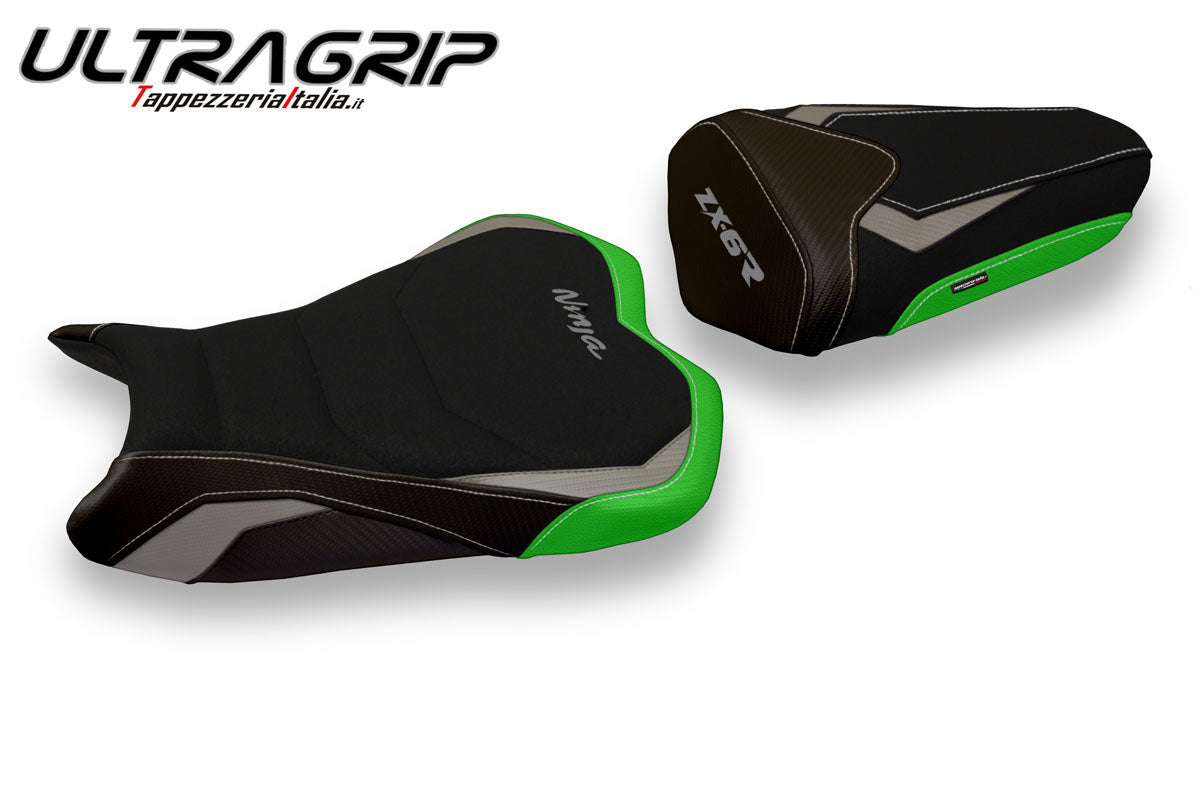 Kawasaki Ninja ZX6R 2013-2018 Seat Cover Tappezzeria Italia Ultragrip in Grey and Green