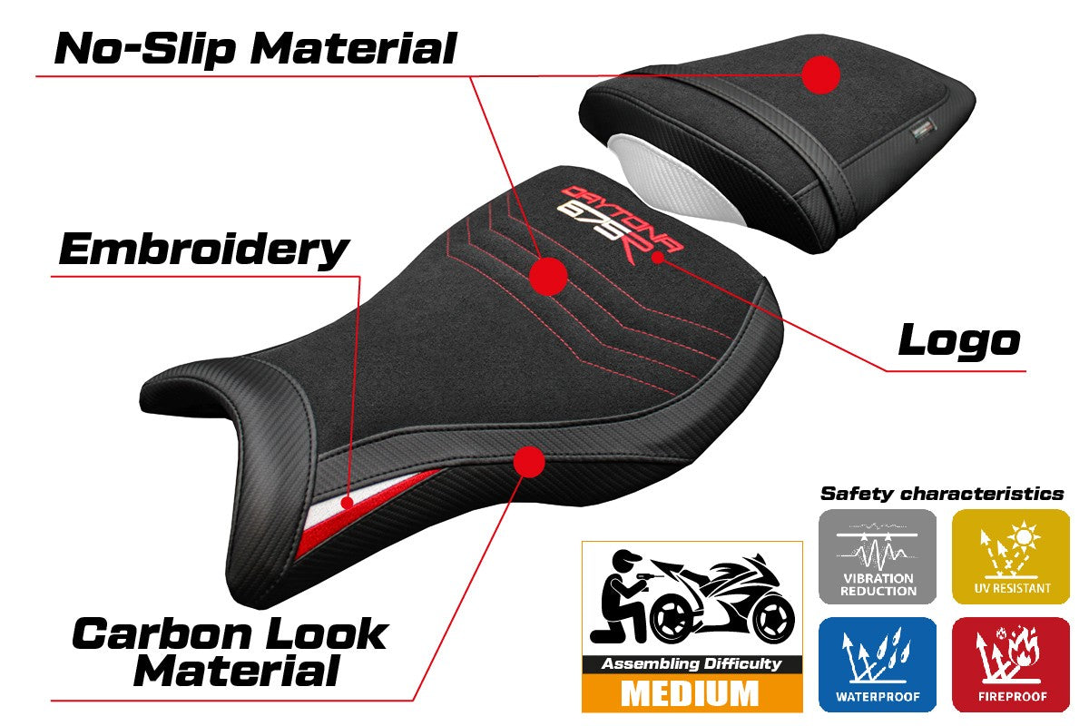 Triumph Daytona 675R 2006-2012 Seat Cover Tappezzeria Ultragrip White Red Black