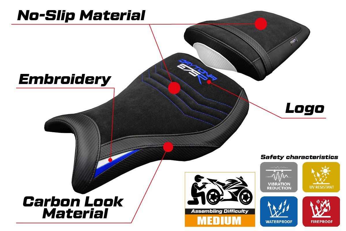 Triumph Daytona 675R 2006-2012 Seat Cover Tappezzeria Velvet White Blue Black