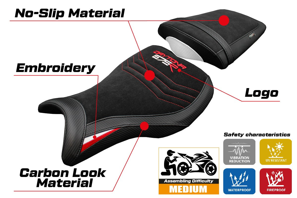 Triumph Daytona 675R 2006-2012 Seat Cover Tappezzeria Velvet White Red Black