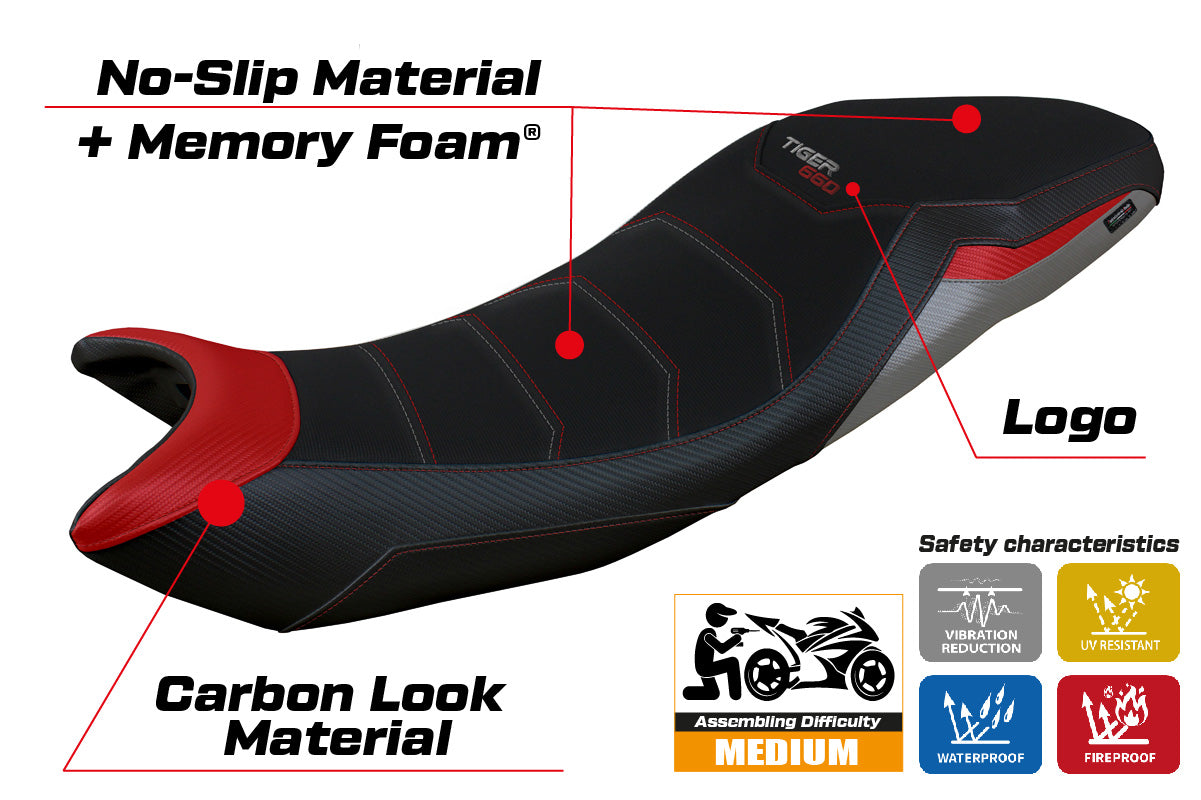Triumph Tiger 660 2021-2025 Seat Cover Tappezzeria Italia Comfort in Red Grey and Black
