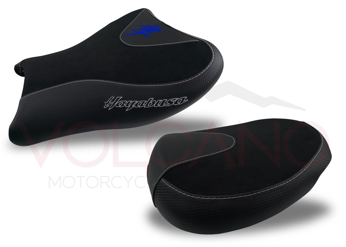 Volcano Seat Covers, Suzuki Hayabusa 2008-2020, Front and Rear, Carbon Look and Grip  in Black and Blue