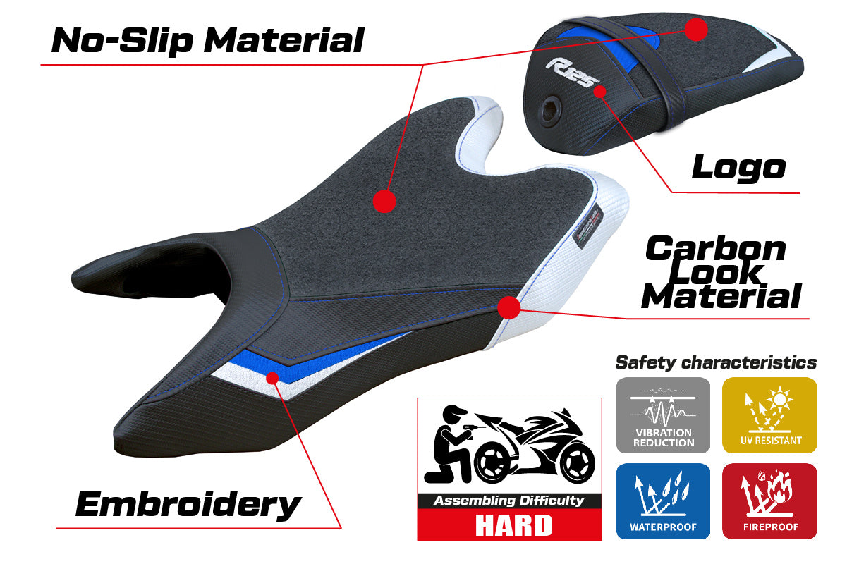 Yamaha YZF R125 2019-2023 Seat Cover Tappezzeria Italia Ultragrip in White and Blue