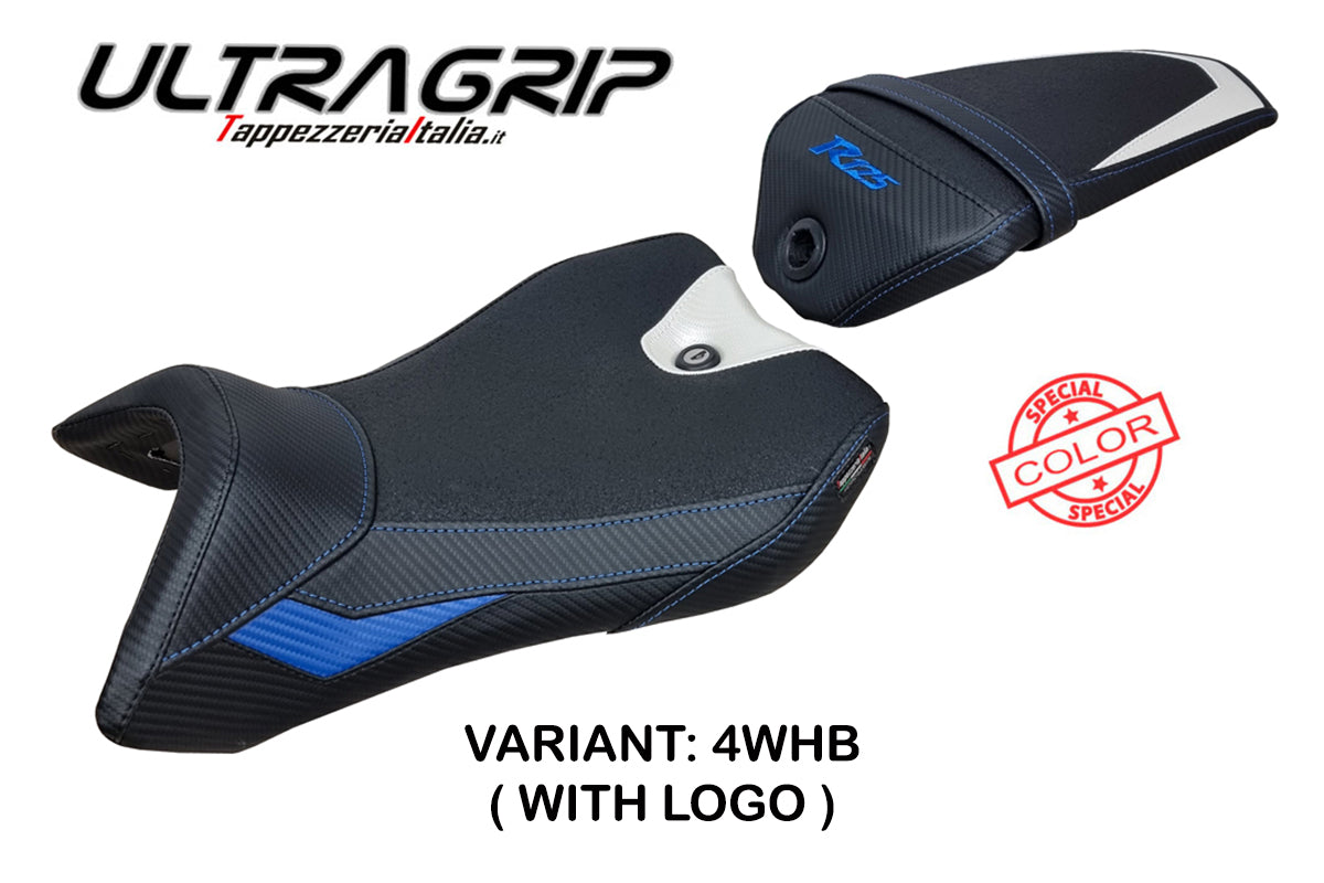 Yamaha YZF R125 2016-2018 Seat Cover Tappezzeria Italia Ultragrip in White, Blue and Black