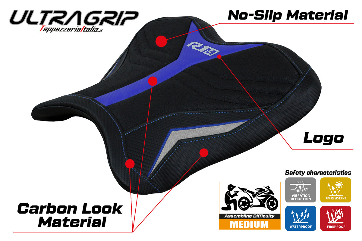 Yamaha YZF R1M 2015-2025 Rider Seat Cover Tappezzeria Italia Ultragrip in Blue and Silver