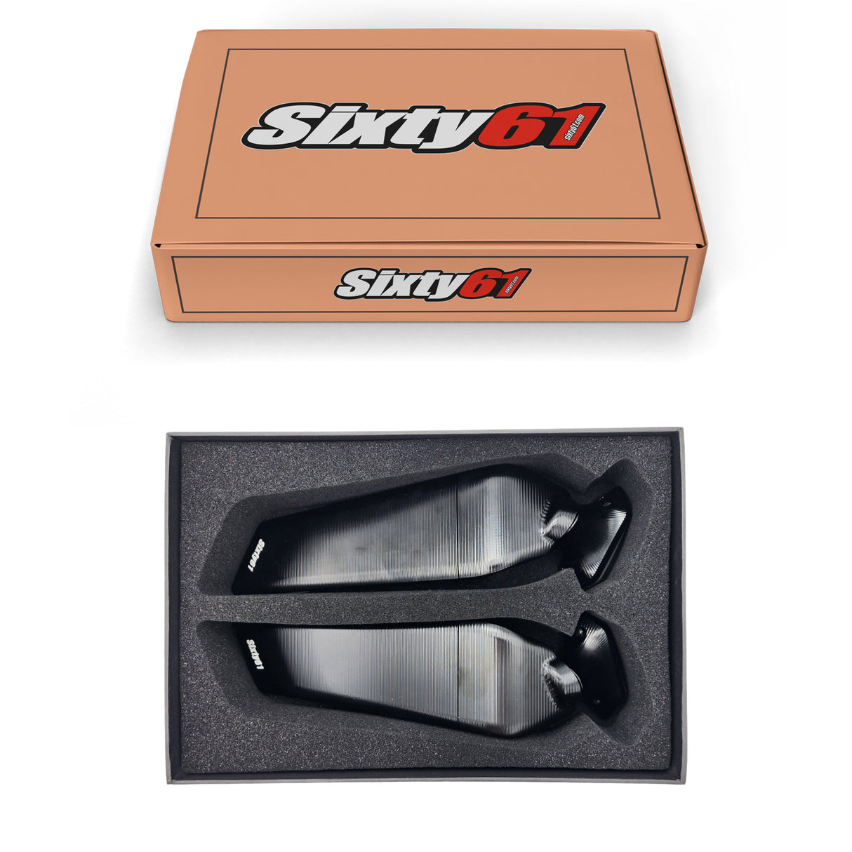 Kawasaki ZX6R wing mirrors in a box with the Sixty61 logo box