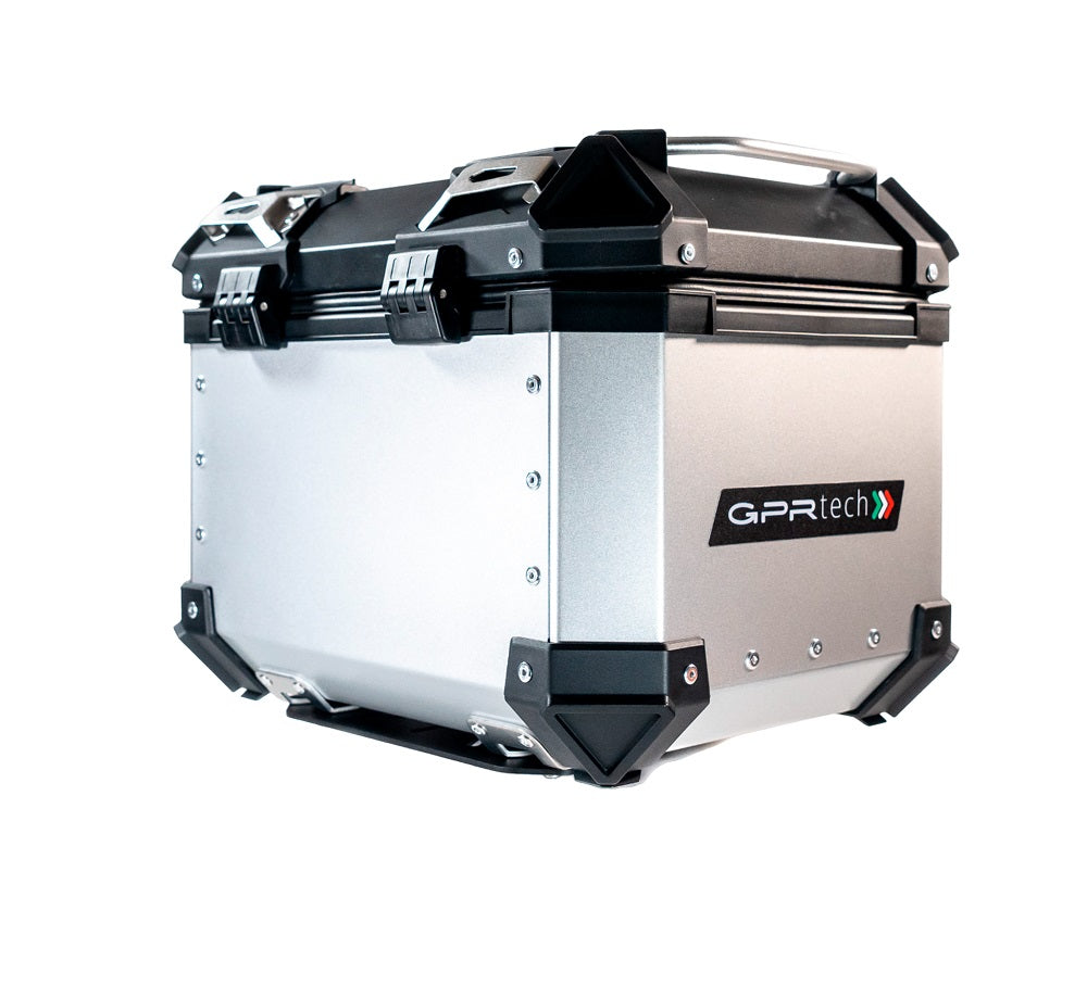 Honda CRF 300 Rally 2021-2023 GPR Tech 26L Aluminum Top Case, Silver, with roof rack and mounting plate