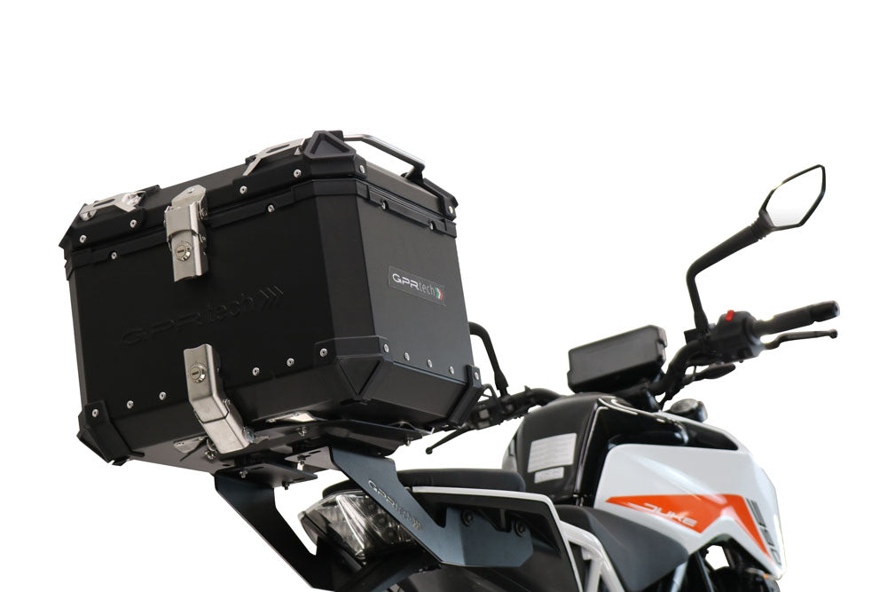 KTM Duke 390 2021-2023 GPR Tech 26L Aluminum Top Case, Black, with roof rack and mounting plate