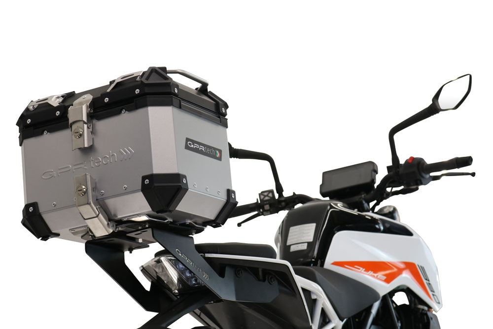 KTM Duke 390 2017-2020 GPR Tech 35L Aluminum Top Case, Silver, with roof rack and mounting plate