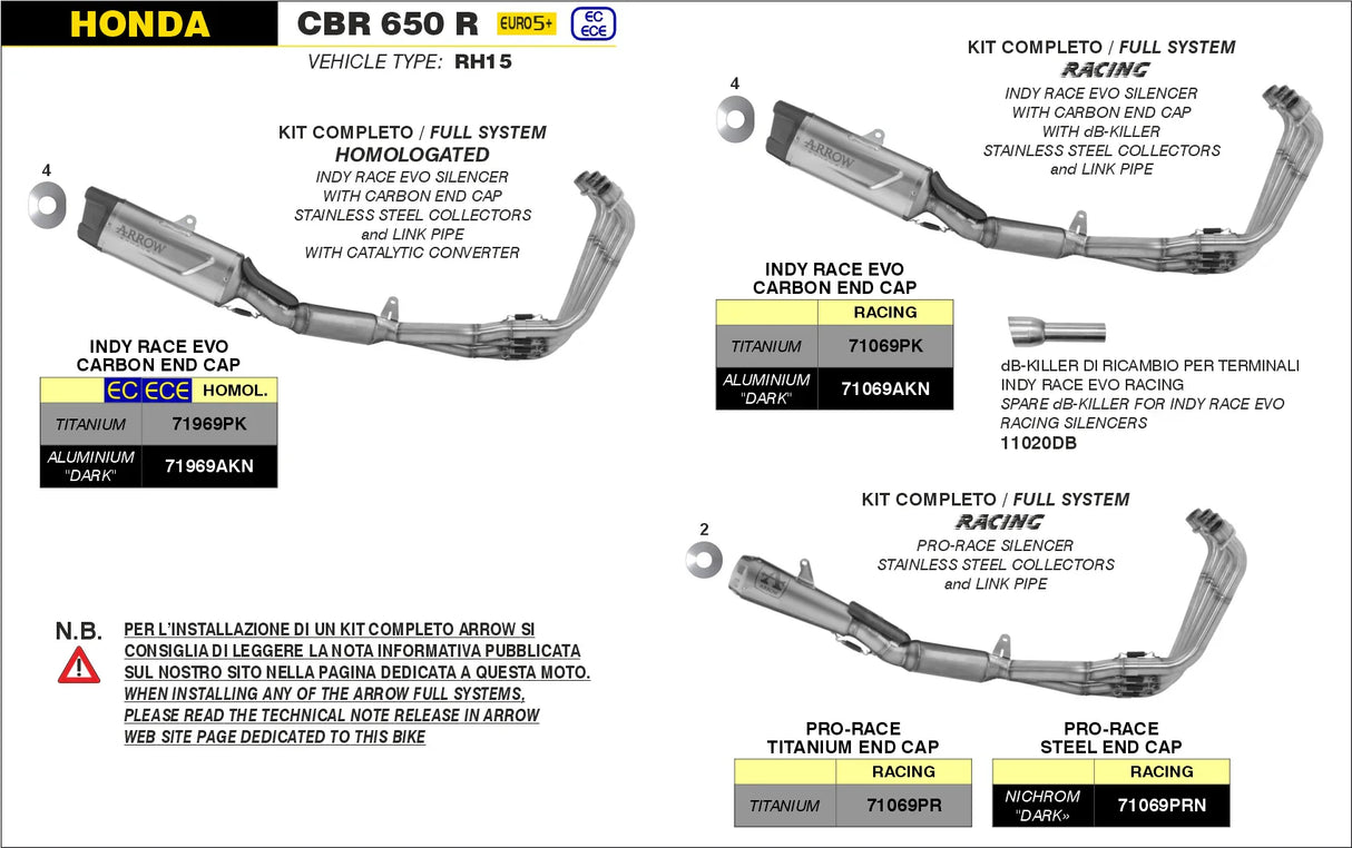 71069PK Arrow Indy-Race Evo Racing Full Exhaust Titanium Stainless Steel Collectors CBR650R 2024 - 2025