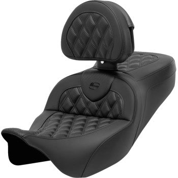 SADDLEMEN Roadsofa™ Seat - with Backrest - Lattice Stitch - Carbon Fiber - FL '08-'23 808-07CF-182BR