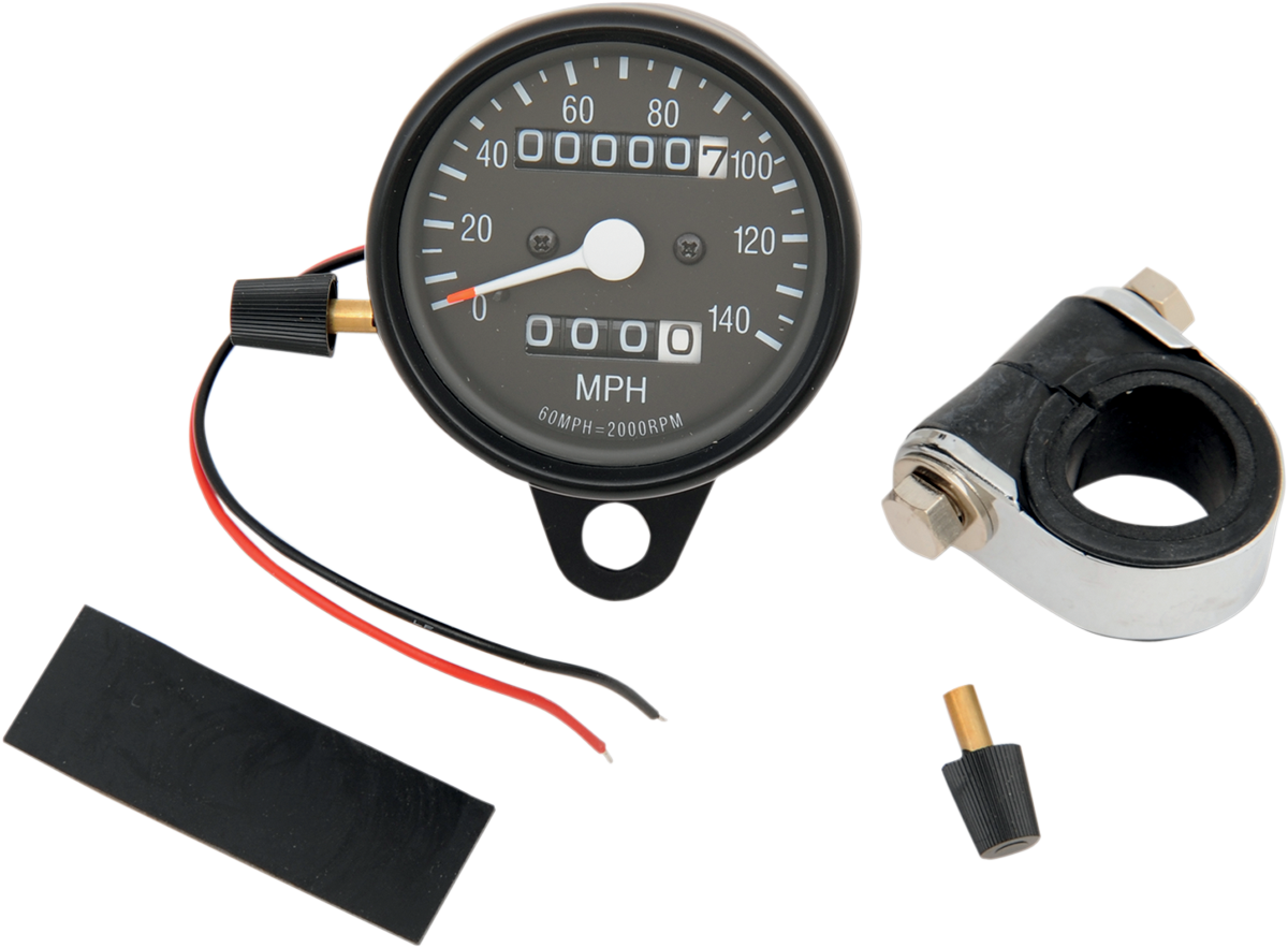 DRAG SPECIALTIES 2.4" MPH Mini LED Mechanical Speedometer/Indicators/Trip - Black Housing - Black Face - 2:1 21-6815BDS