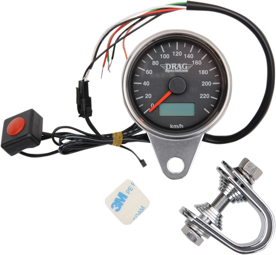 DRAG SPECIALTIES 2.4" KMH Programmable Mini Electronic Speedometer with Odometer/Tripmeter - Matte Black - Black Face 21-6895ADS