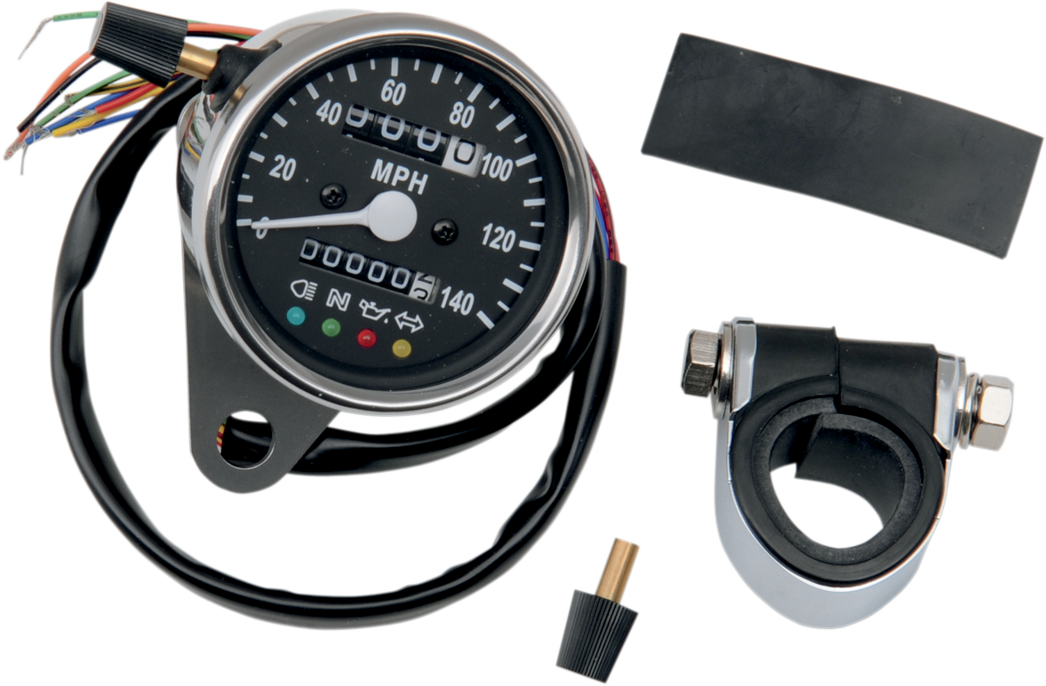 DRAG SPECIALTIES MPH Mini Mechanical Speedometer with LED Indicators - Black Face - 2240:60 Ratio - 2.4" 21-6840LEDPB