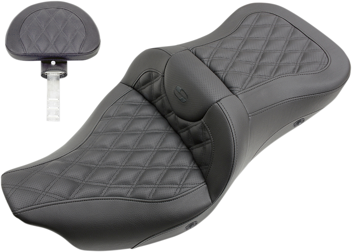 SADDLEMEN Roadsofa Seat - with Backrest - Full Lattice Stitch - Heated - '08-'23 FLH/FLT 808-07B-182BRHC