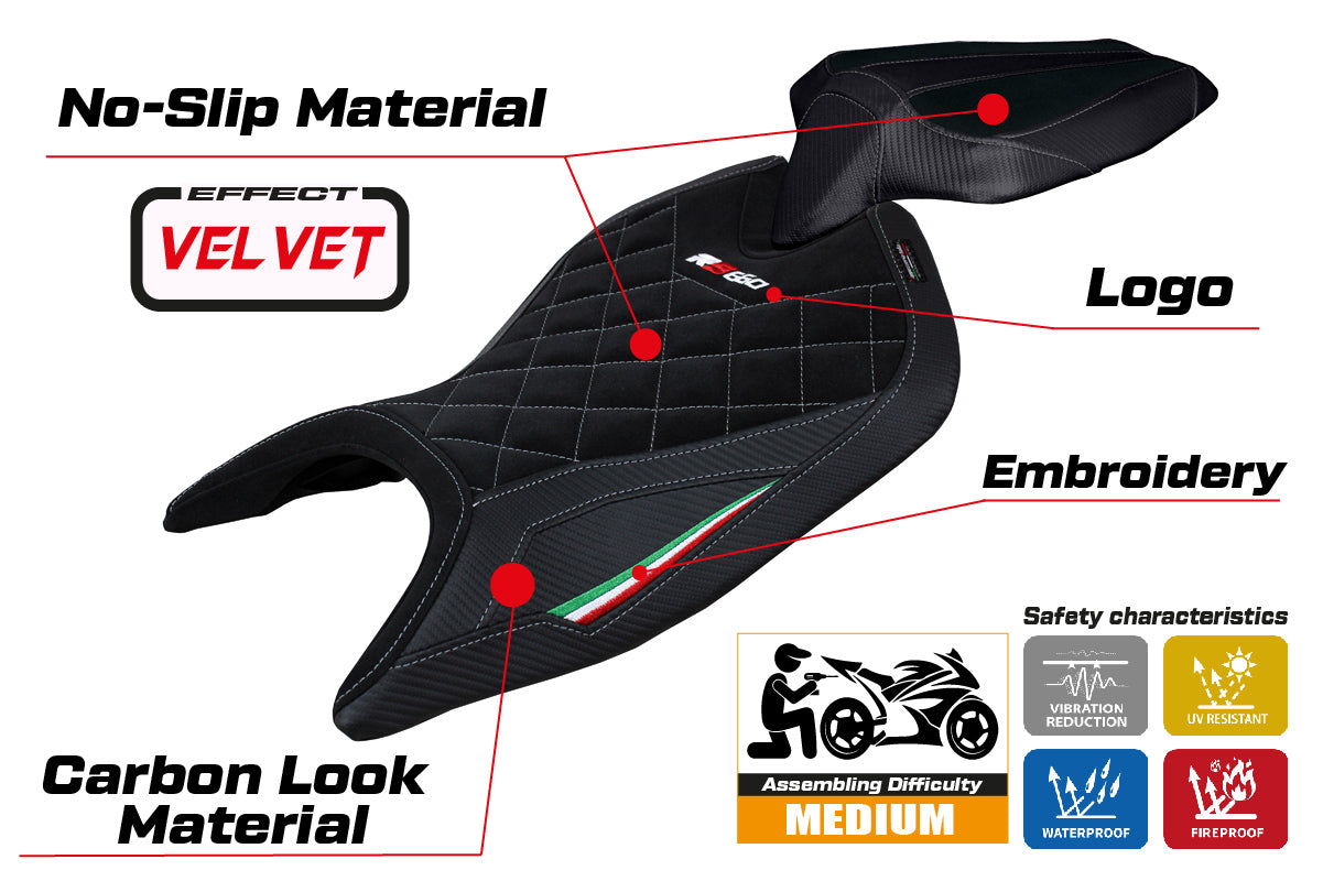 Aprilia RS 660 2021 2022 2023 Seat Cover Tappezzeria Velvet Black Diamond Stitch