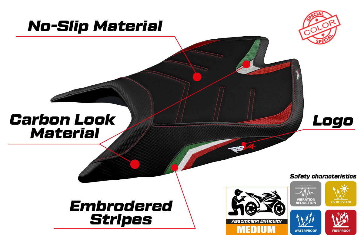 Aprilia RSV4 2021 2022 2023 Seat Cover Tappezzeria Ultragrip Italy Flag Black