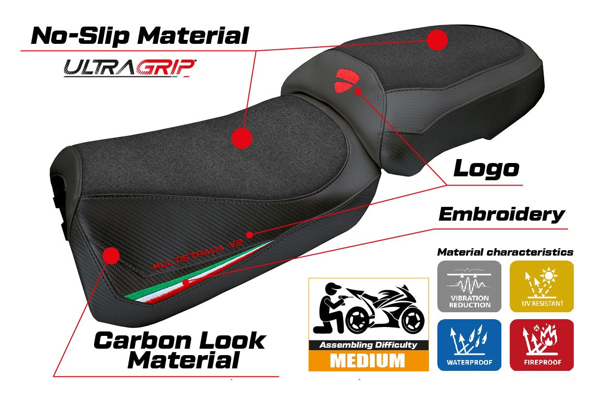 Ducati Multistada V2 2025 Seat Cover Tappezzeria Ultragrip Italian Flag Black