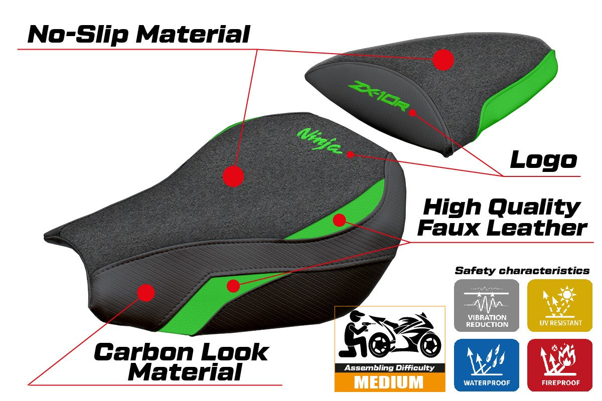 Kawasaki Ninja ZX 10 R 2006-2007 Seat Cover Tappezzeria Ultragrip Green Black