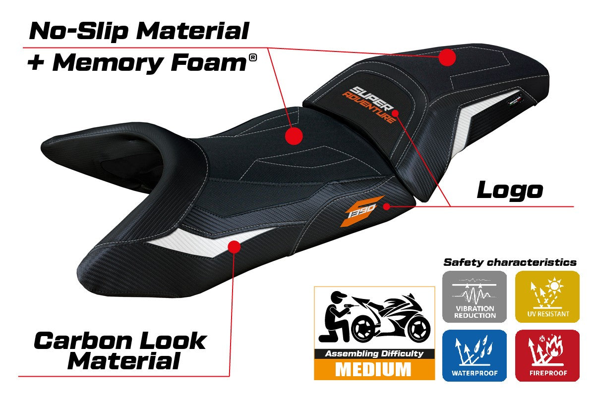 KTM 1390 Super Adventure S 2025 Seat Cover Tappezzeria Comfort White Black