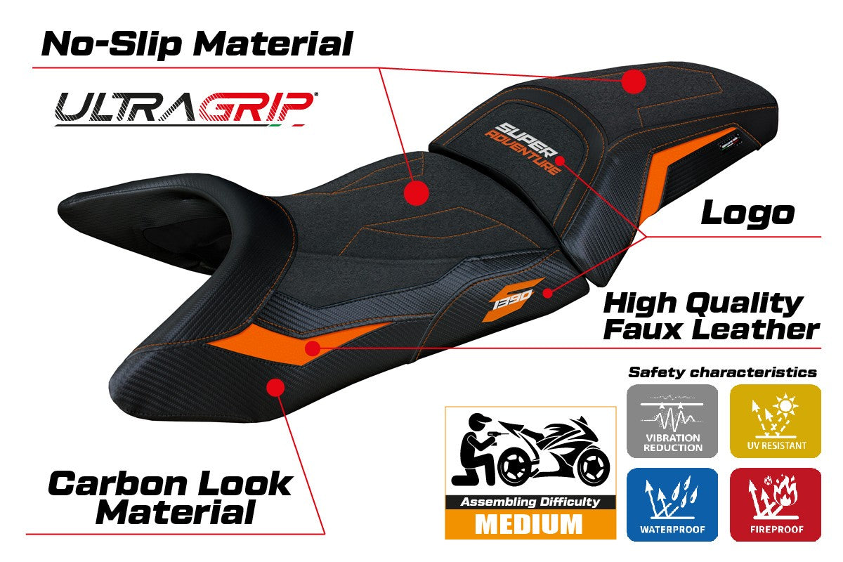 KTM 1390 Super Adventure S 2025 Seat Cover Tappezzeria Ultragrip Orange Black