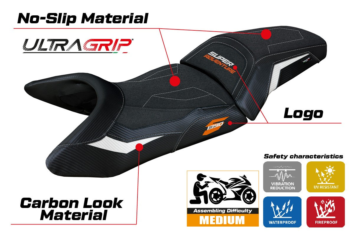 KTM 1390 Super Adventure S 2025 Seat Cover Tappezzeria Ultragrip White Black