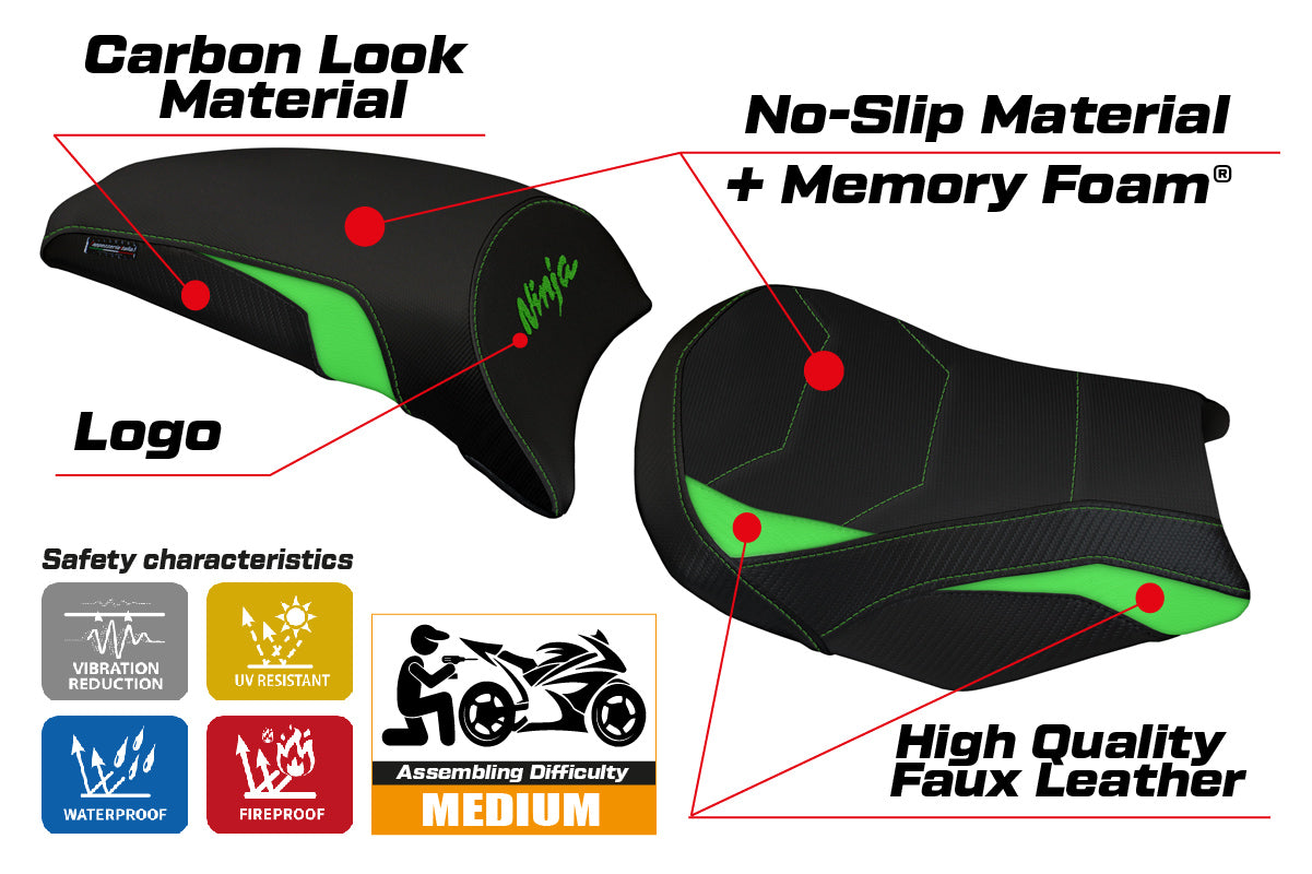 Kawasaki Ninja 650 2017-2021 2022 2023 Seat Cover Tappezzeria Comfort Green Blk