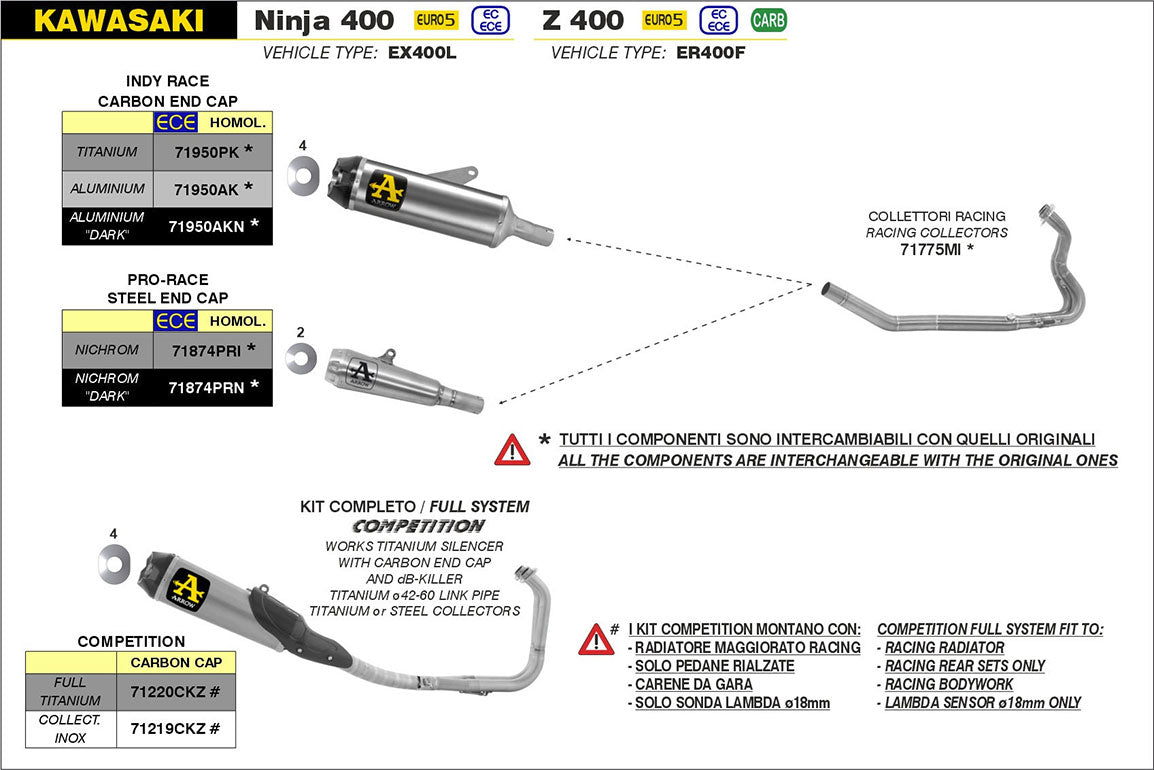 Arrow Competition Full Titanium System Exhaust for Kawasaki Ninja 400 2022-2024/NINJA 500 2024 71220CKZ