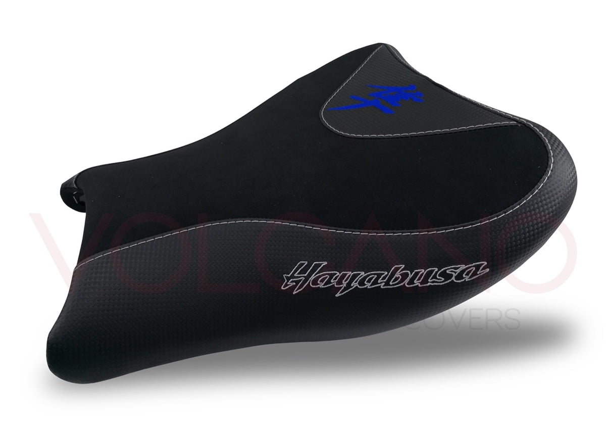 Volcano Seat Covers, Suzuki Hayabusa 2008-2020, Front and Rear, Carbon Look and Grip  in Black and Blue