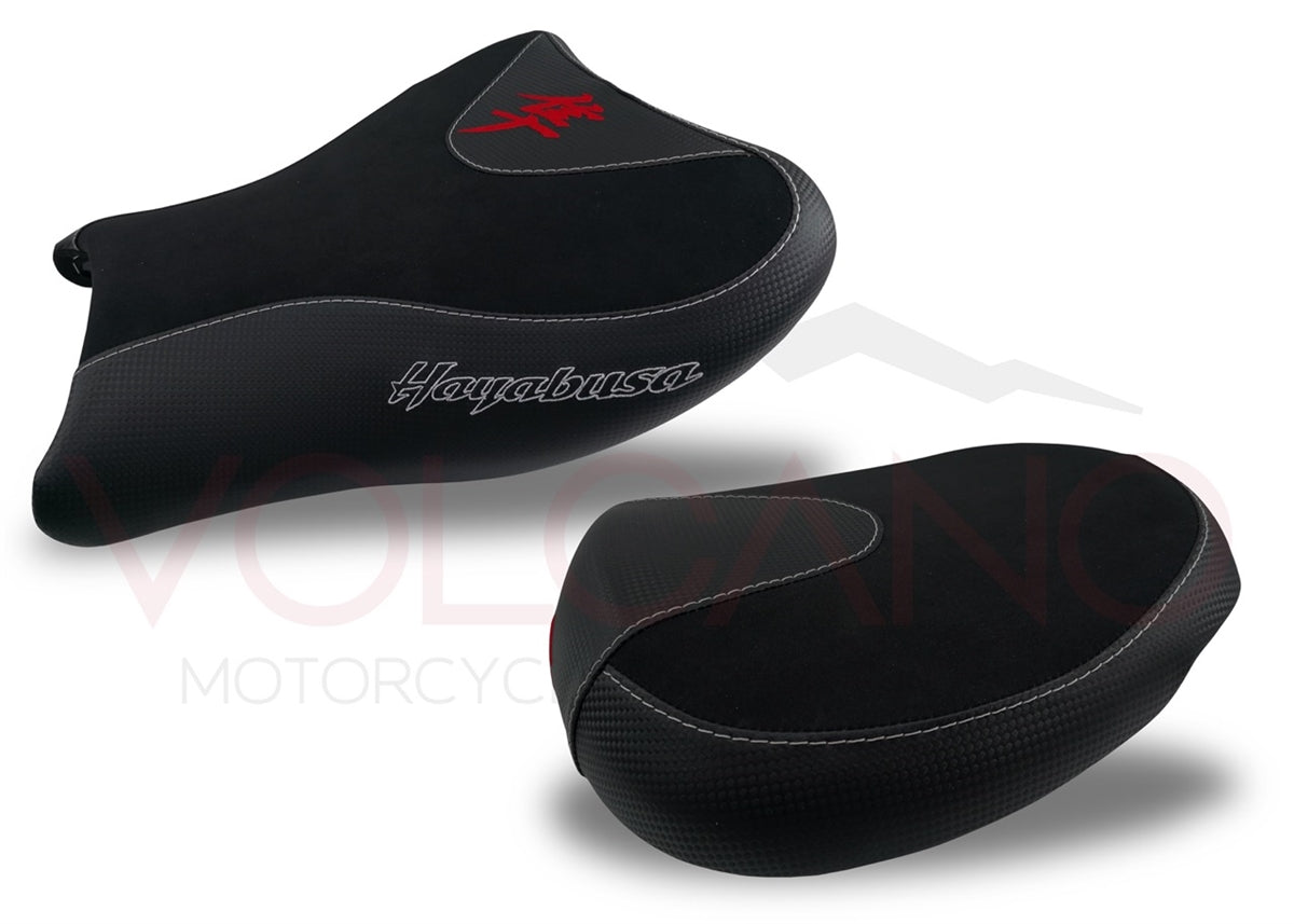 Volcano Seat Covers, Suzuki Hayabusa 2008-2020, Front and Rear, Carbon Look and Grip  in Black and Red