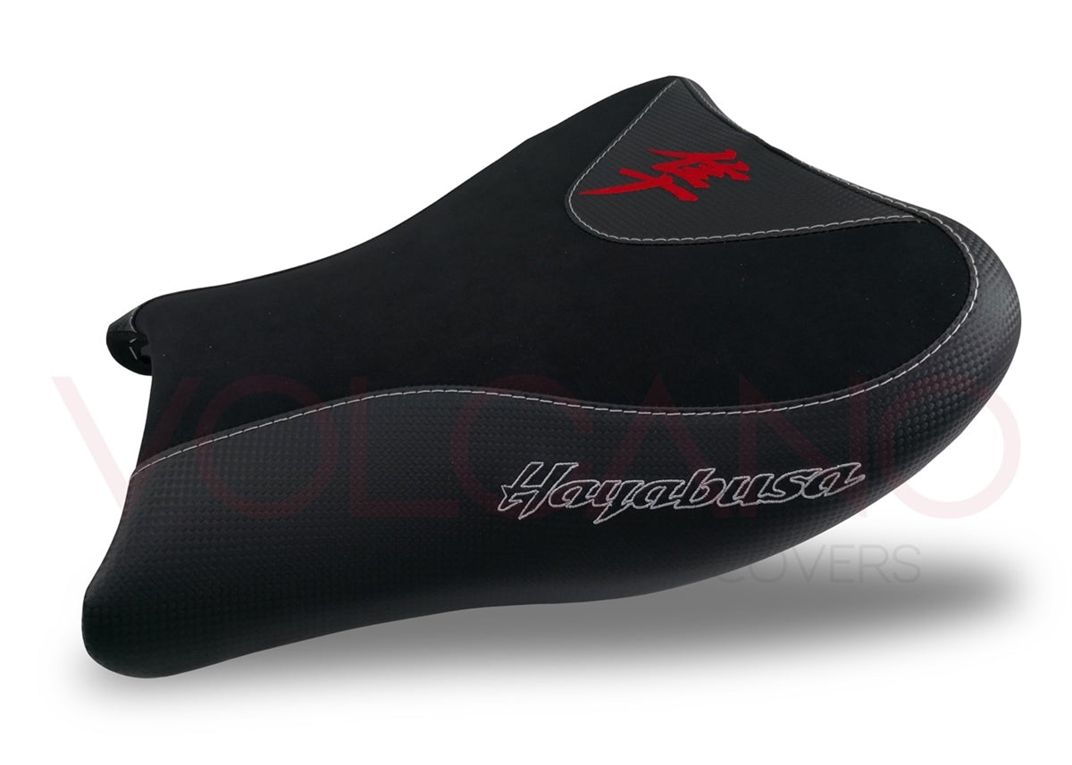 Volcano Seat Covers, Suzuki Hayabusa 2008-2020, Front and Rear, Carbon Look and Grip  in Black and Red