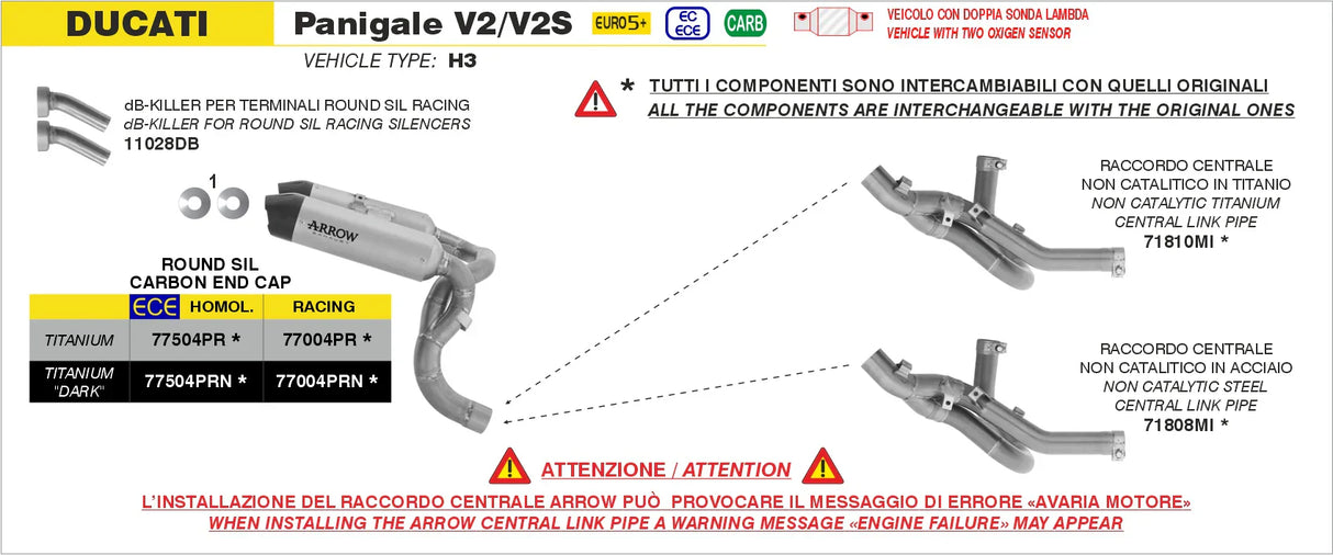 ARROW DUCATI PANIGALE V2/V2S E5+ 2025 RH/LH ROUND SIL TITANIUM DARK SILENCERS + STAINLESS STEEL LINK PIPE