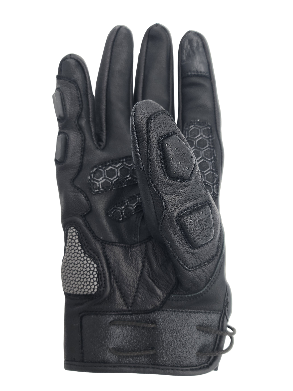 Mens Motorcycle Black Leather Gloves with Magnetic Closure, showing palm from Sixty61